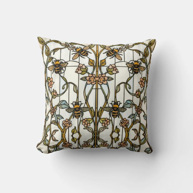 Elegant art nouveau botanical  bee stain glass throw pillow (Front)