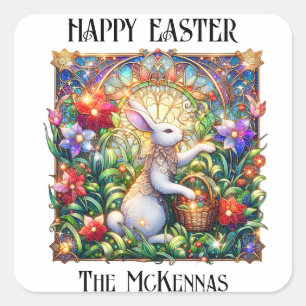 Elegant Art Nouveau Bunny Garden Easter Square Sticker
