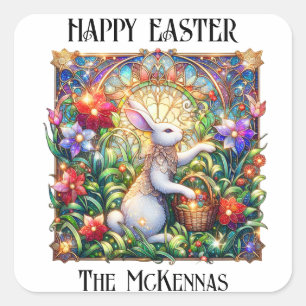 Elegant Art Nouveau Bunny Garden Easter Square Sticker