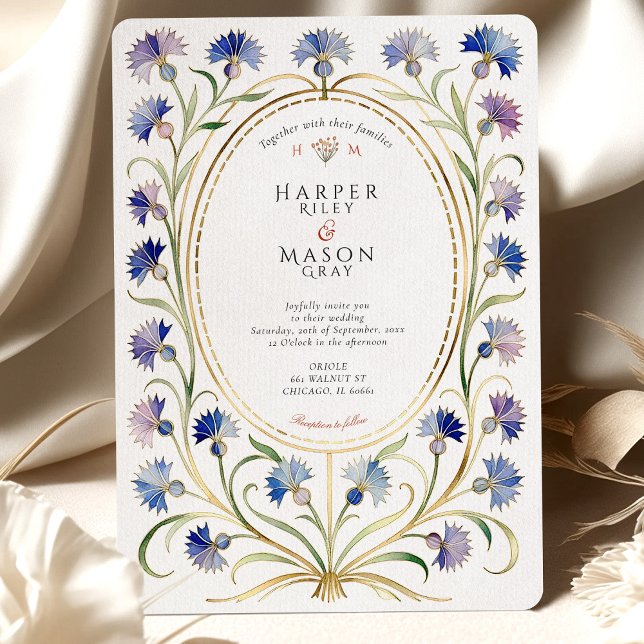 Elegant Art Nouveau Cornflower Gold Wedding Invitation (Creator Uploaded)