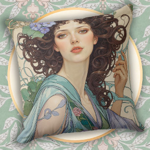 Elegant Art Nouveau Dark Haired Woman Throw Pillow
