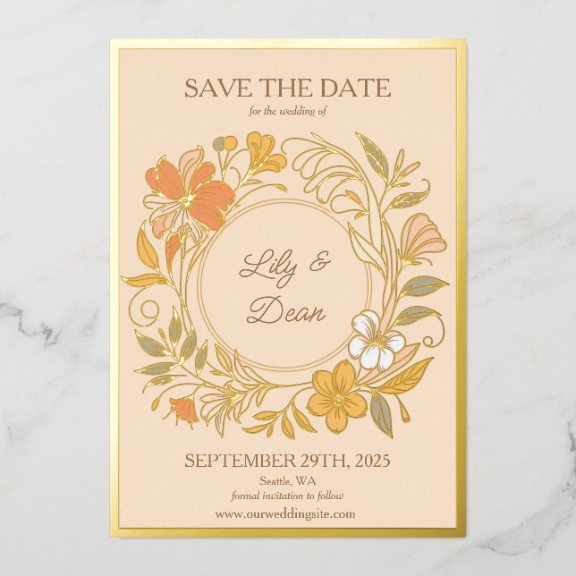 Elegant Art Nouveau Floral Foil Save the Date Card (Front)