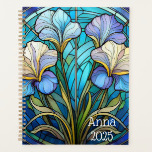 Élégant Art Nouveau Floral Iris Vitraux Bleu