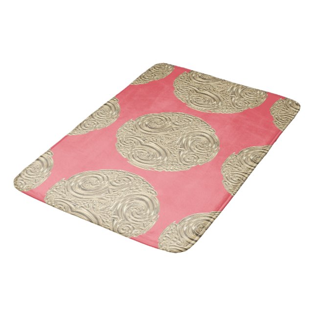 Elegant art nouveau gold peach round medallion bath mat (Angled)