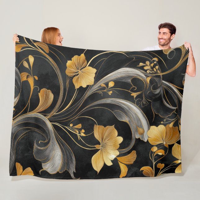Elegant Art Nouveau Golden Flora Fleece Blanket (In Situ)
