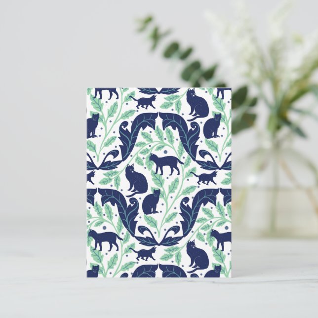 Elegant Art Nouveau Mint Blue Black Cat-Whimsical  Postcard (Standing Front)