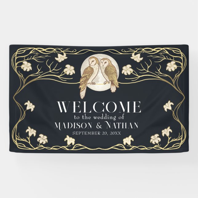 Elegant Art Nouveau Owls Wedding Banner (Horizontal)