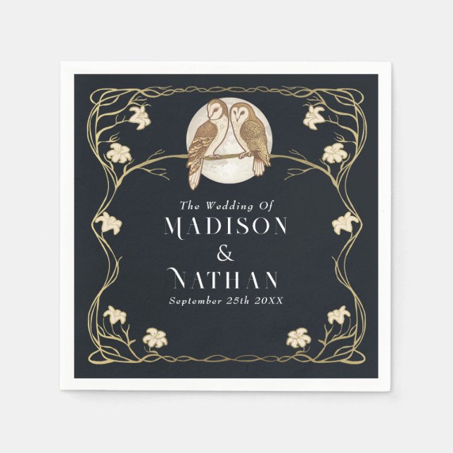 Elegant Art Nouveau Owls Wedding Napkin (Front)