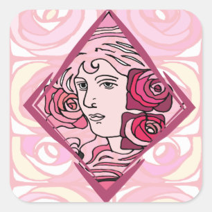 Elegant Art Nouveau Rose Woman Square Sticker