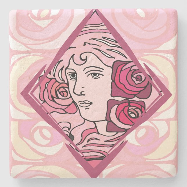 Elegant Art Nouveau Rose Woman Stone Coaster (Front)