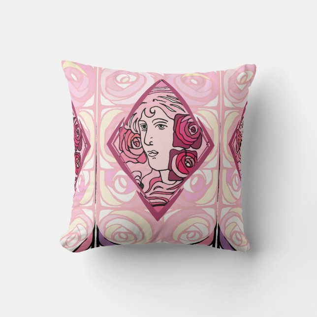Elegant Art Nouveau Rose Woman Throw Pillow (Front)