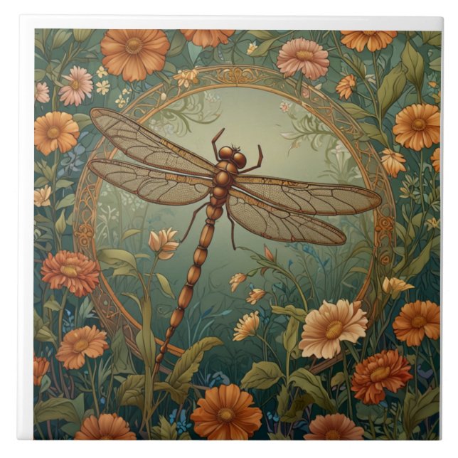 Elegant Art Nouveau Spring green Dragonfly Tile (Front)