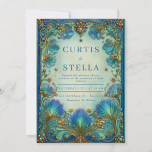 Elegant Art Nouveau Teal Floral Antique Wedding Invitation