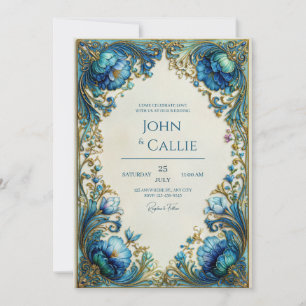 Elegant Art Nouveau Teal Floral Gilded Wedding Invitation