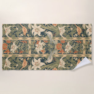 Elegant Art Nouveau Vintage Botanical Bird Lily Beach Towel