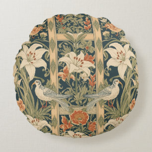 Elegant Art Nouveau Vintage Botanical Bird  Lily Round Pillow