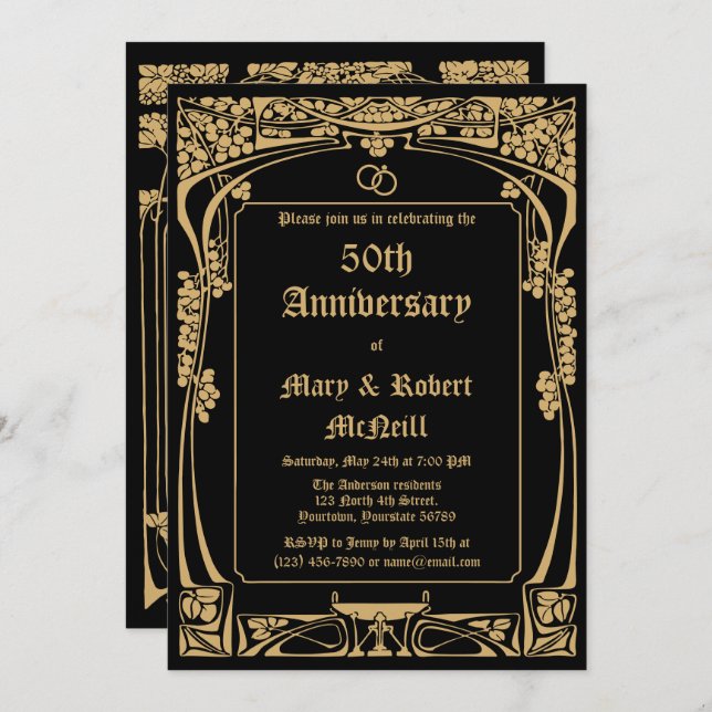 Elegant Art Nouveau Wedding Anniversary Invitation (Front/Back)