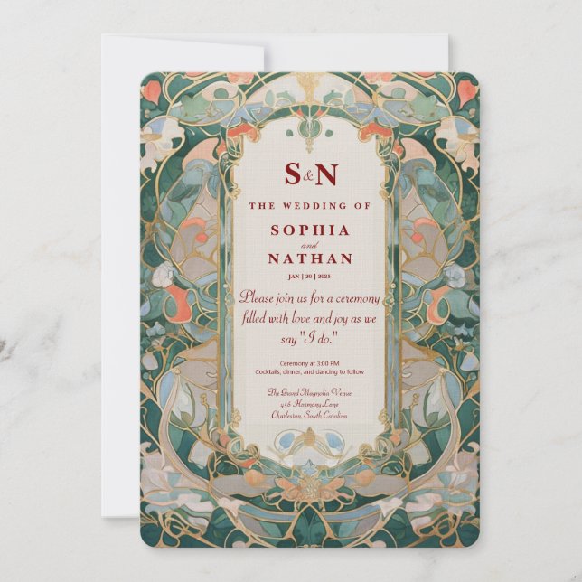 Elegant Art Nouveau Wedding Invitation With Floral (Front)