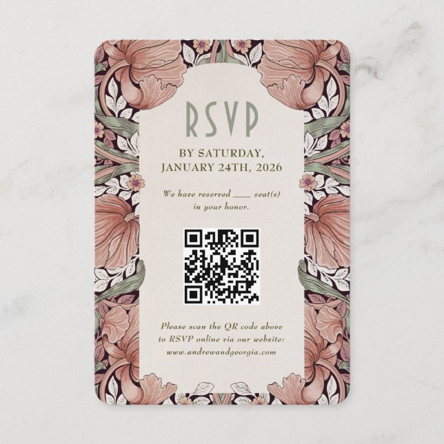 Elegant Art Nouveau Wedding RSVP Card with QR Code (Front)