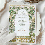 Elegant Art Nouveau Wedding Save the Date Card<br><div class="desc">This stunning wedding save-the-date card showcases a beautifully detailed Art Nouveau design, featuring an intricate border of delicate white blossoms and lush green leaves, all framed in ornate gold accents. The front of the card highlights the important wedding details, framed by graceful floral arches and curvilinear patterns, offering a touch...</div>