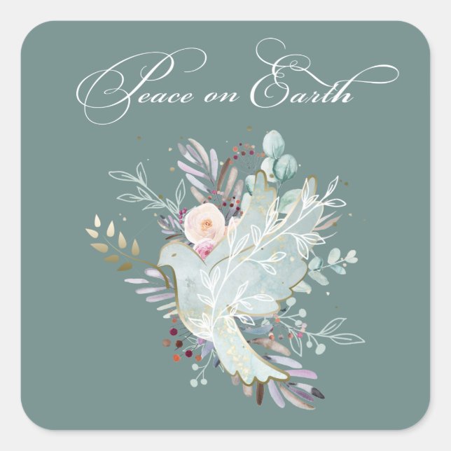 Elegant Artistic Floral Peace on Earth Dove Square Sticker (Front)
