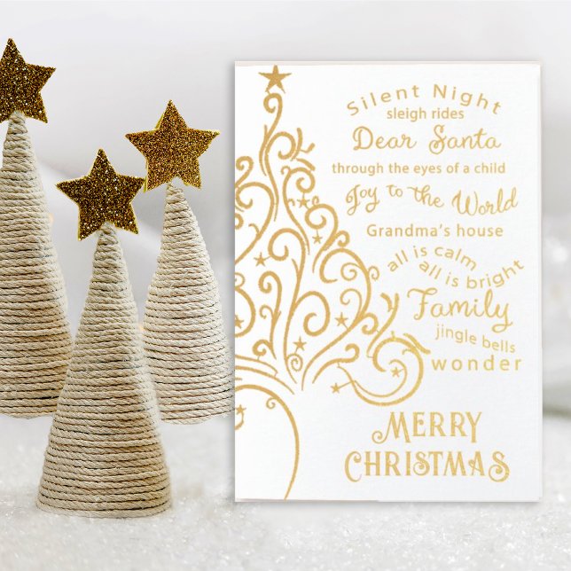 Elegant Artsy Christmas Tree on White Foil Card (Enjoy the holidays with this swirly elegant gold foil card with words surrounding Christmas.)