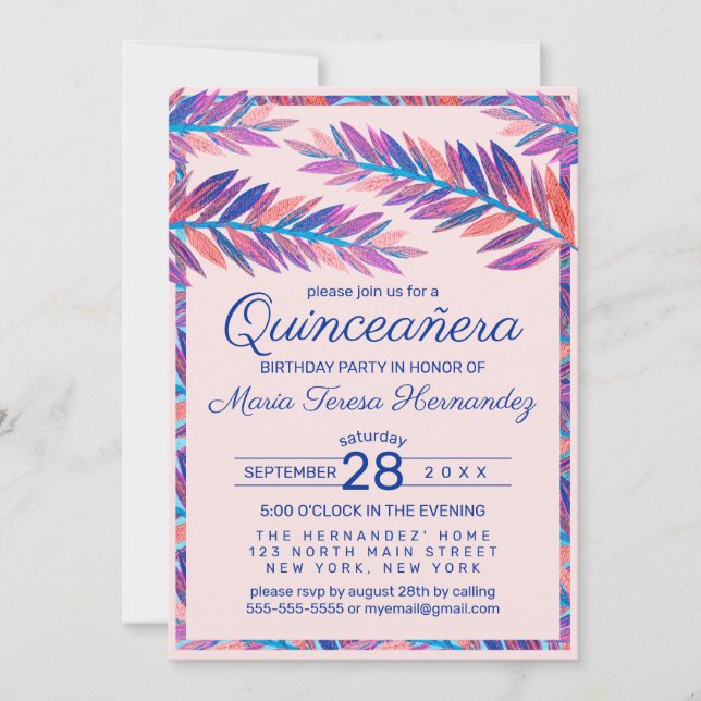 Elegant Artsy Tropical Leaves Acrylic Quinceañera Invitation (Front)