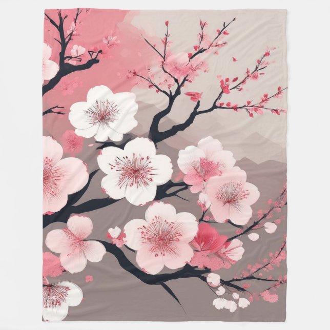 Elegant Asian Cherry Blossom Oriental Fleece Blanket (Front)