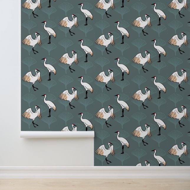 Elegant Asian Crane Birds & Gingko Leaves Wallpaper (Application)