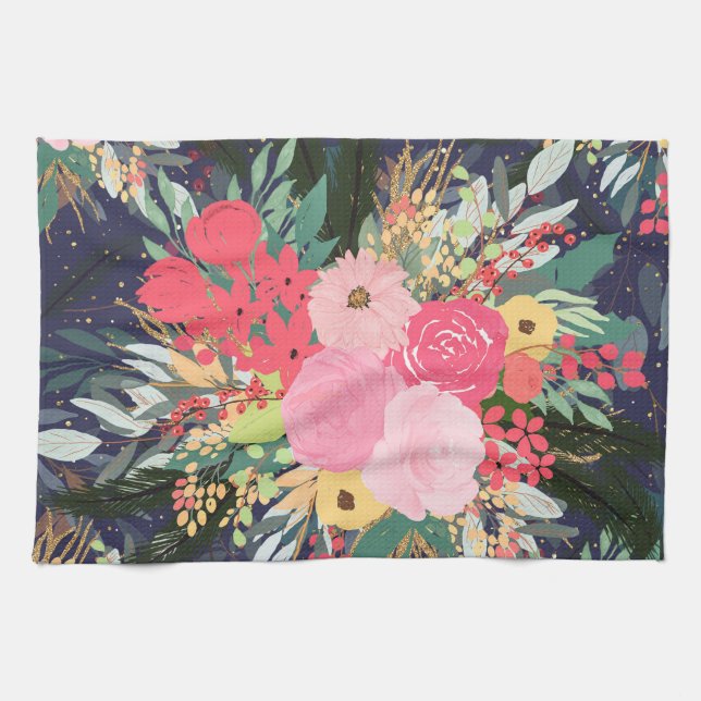 Elegant Astral Aura Winter Floral & Gold Dots Kitchen Towel (Horizontal)