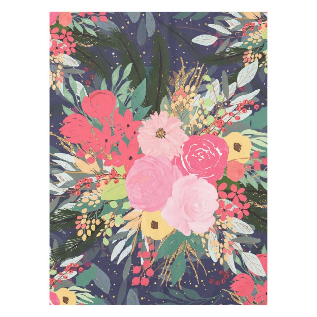 Elegant Astral Aura Winter Floral & Gold Dots Tablecloth (Front)