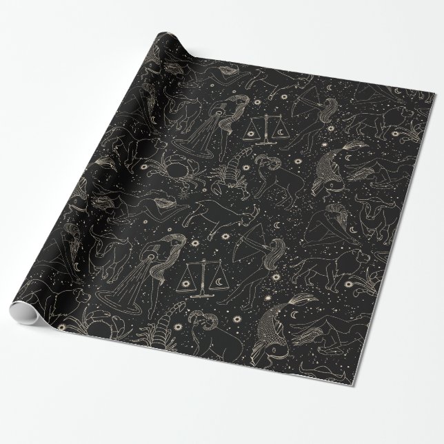 Elegant Astrology Zodiac Black/Gold Wrapping Paper (Unrolled)