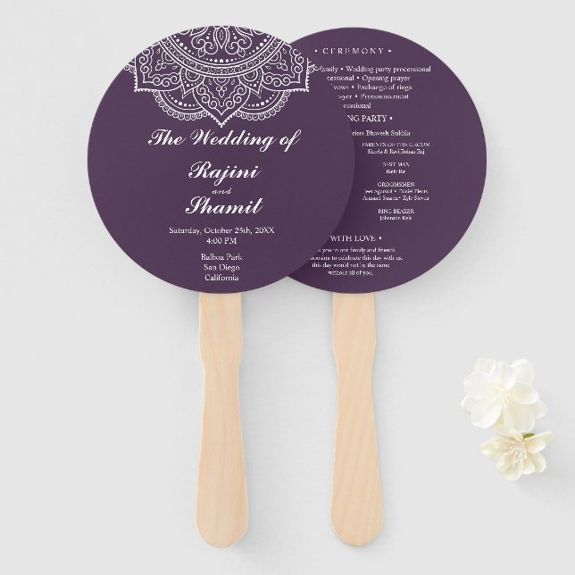 Elegant Aubergine Paisley Indian Wedding Program Hand Fan (Front and Back)
