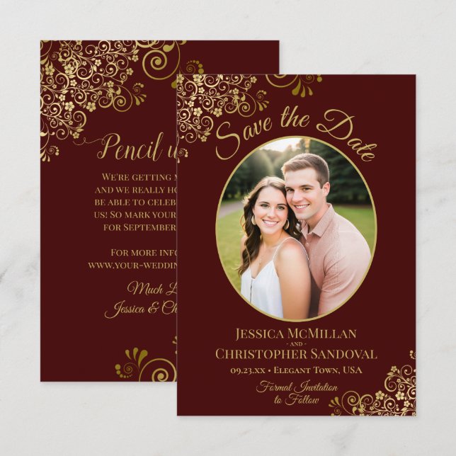 Elegant Auburn Brown & Gold Oval Photo Wedding Save The Date (Front/Back)