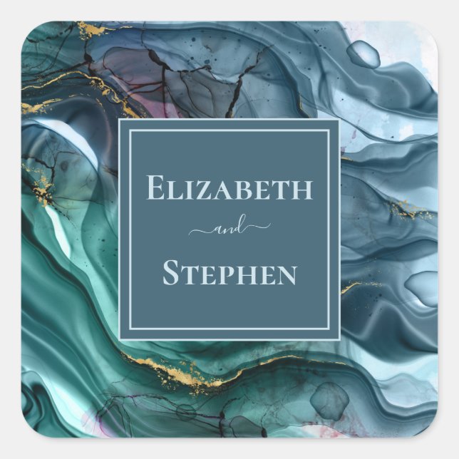Élégant Autocollant Carré Mariage Turquoise & Or (Devant)