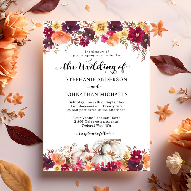 Elégant automne Citrouille Faire-part de mariage (Elegant Watercolor Fall Floral Pumpkin Wedding Invitation)