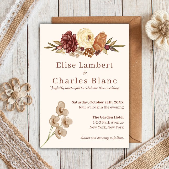 Elégant automne floral simple Faire-part de mariag (Fall Boho Modern Wedding - burnt orange terracotta colors.)