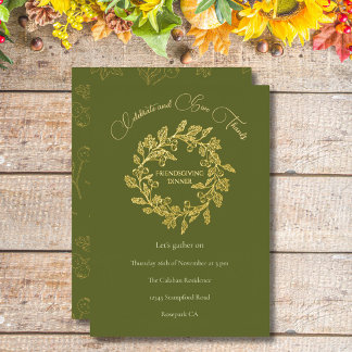 Elegant Autumn Berries Wreath Green Friendsgiving Foil Holiday Card