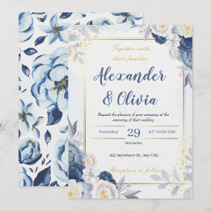 elegant autumn blue and floral wedding invitation