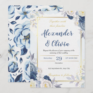 elegant autumn blue and floral wedding invitation