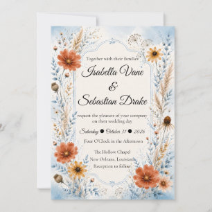 Elegant Autumn Blue Floral Wedding Invitation