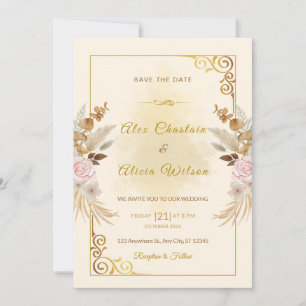 Elegant Autumn Blush Floral Gold Frame Wedding  Invitation