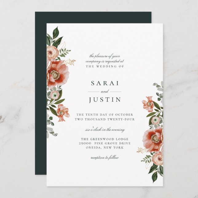 Elegant Autumn Botanical Floral Wedding Invitation (Front/Back)