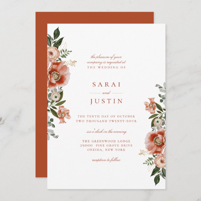 Elegant Autumn Botanical Floral Wedding Invitation (Front/Back)