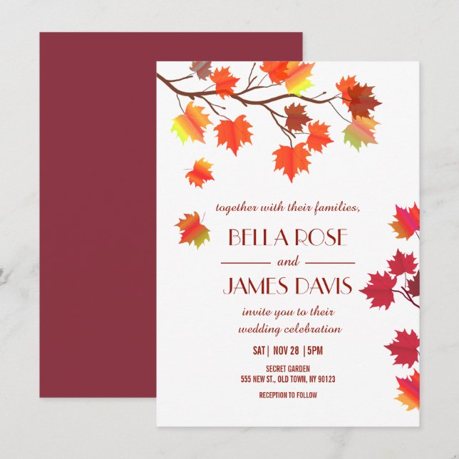 Elegant Autumn Fall Burgundy Wedding Invitations (Front/Back)