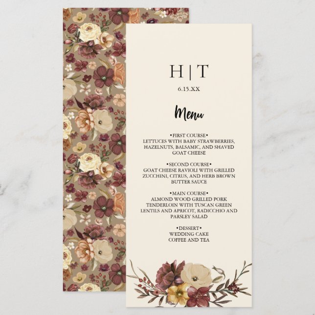 Elegant Autumn Fall Floral Wedding Menu Card (Front/Back)
