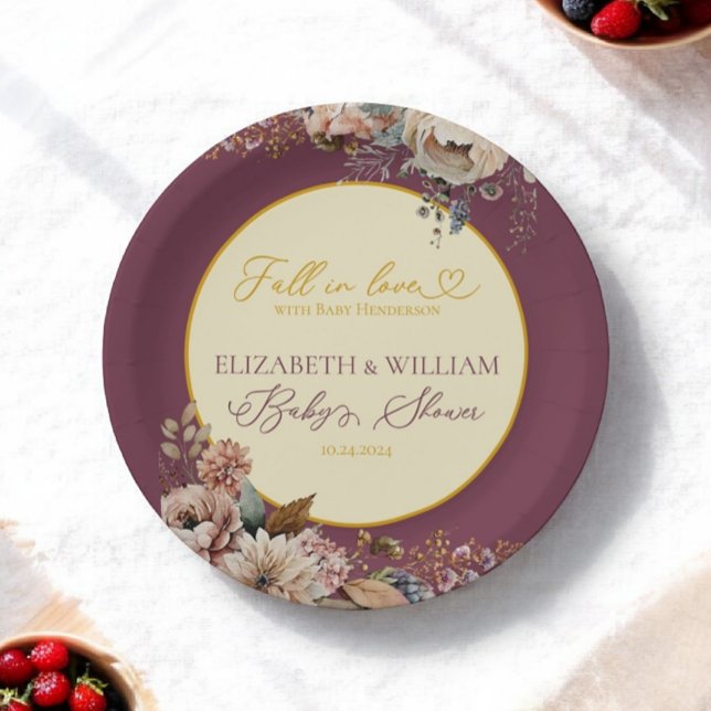 Elegant Autumn Fall In Love Floral Burgundy Paper Plate (Creator Uploaded)