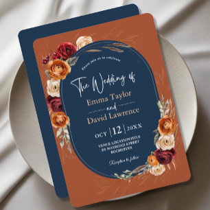 Elegant autumn fall orange navy floral wedding invitation