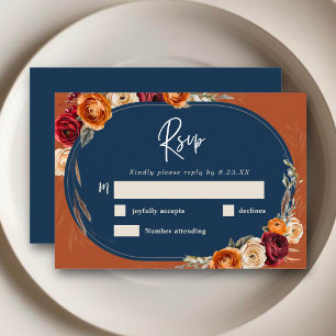Elegant autumn fall orange navy floral wedding RSVP card