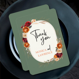 Elegant autumn fall orange sage floral wedding thank you card
